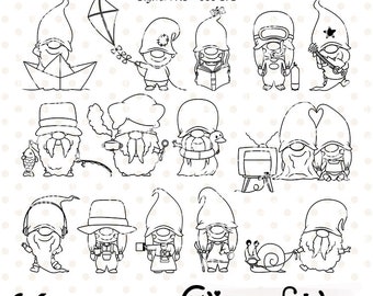 Cute GNOME digital stamps, LEISURE clipart, Gnome hobbies, Colouring, Free time, Fairy tale outline - INSTANT download, Digital design