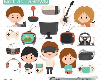 Puede incluir: Un conjunto de 20 imágenes de clipart digital con varios temas de videojuegos, incluyendo personajes, mandos y consolas. Las imágenes son de estilo de dibujos animados y presentan colores brillantes. El texto "VIDEO GAMES 01" y "NOT ALL SHOWN" está incluido en la imagen.
