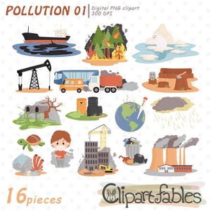VERONTREINIGING clipart, opwarming van de aarde clip art set, Save the Earth, illustratie, recycling - digitale PNG, Instant download