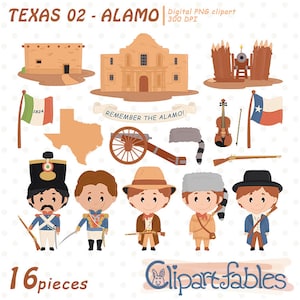 Battaglia di ALAMO clipart, istruzione, storia del TEXAS, l'assedio di 13 giorni, illustrazione carina di Davy Crockett - download IMMEDIATO, png digitale