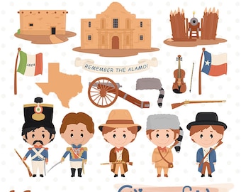 Battle of the ALAMO clipart, Education, TEXAS history, The 13-day siege, Cute Davy Crockett illustration - INSTANT download, digital png