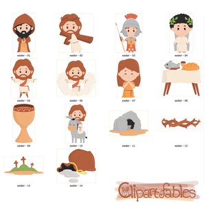 May include: A set of 14 colorful illustrations depicting scenes from the Easter story. The illustrations include Jesus carrying a cross, a crown of thorns, a chalice, a tomb, and a Last Supper scene.