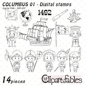 COLUMBUS digital stamps, Discovery of America, 1492 outline, Christopher Columbus illustration, Columbus day line art - INSTANT download