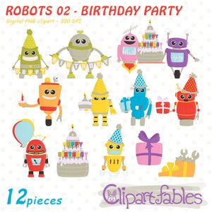 ROBOT birthday party clipart - Colorful, DIY birthday, Funny robots, Happy Birthday, Toy robot, INSTANT Download, Printable, Digital design
