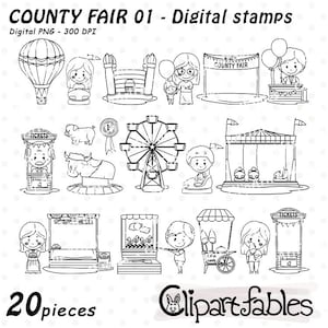 COUNTY FAIR digitale postzegels, festivaloverzicht, blauw lint zeer fijne tekeningen, reuzenrad, taartstandaard kleuren - directe download, digitale png