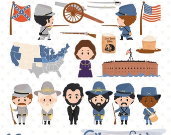 AMERICAN CIVIL WAR clipart, American history, Abraham Lincoln illustration, Union and Confederacy, Cute Us soldiers - Instant digital png