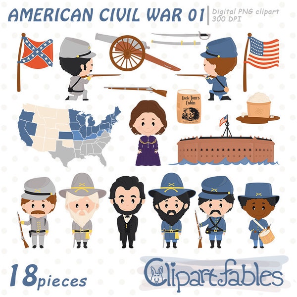 AMERICAN CIVIL WAR clipart, American history, Abraham Lincoln illustration, Union and Confederacy, Cute Us soldiers - Instant digital png