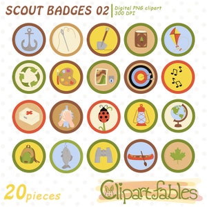 Può includere: Set di 20 distintivi scout colorati con vari design, tra cui un'ancora, un ago e filo, una pala, un libro, un aquilone, un simbolo di riciclaggio, una tavolozza di colori, una mappa, un bersaglio, note musicali, un kit di pronto soccorso, un simbolo di lavaggio delle mani, una coccinella, una lanterna, un globo terrestre, uno zaino, un pesce, un binocolo, una canoa e una foglia d'acero. I distintivi sono di forma circolare con un contorno marrone e uno sfondo bianco. Il testo "SCOUT BADGES 02" è in alto nell'immagine. Il testo "20 pieces" è in basso a sinistra nell'immagine. Il testo "Clipart Fables" è in basso a destra nell'immagine.