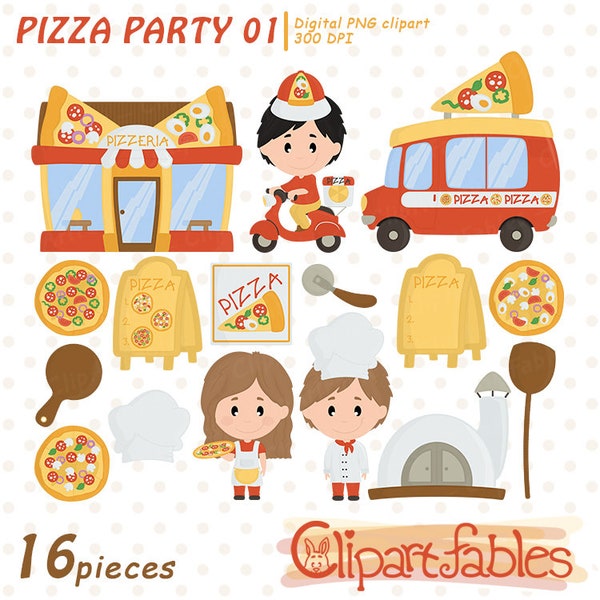 PIZZA PARTY clipart, Cute pizzeria clipart, Little chef, Fast food clip art, Cute kids, Pizza delivery - INSTANT download, Digital design