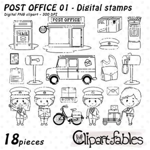 Cyfrowe znaczki POST OFFICE, zarys listonosza, dostawa, przesyłka, zakupy online - natychmiastowe pobranie, cyfrowe PNG