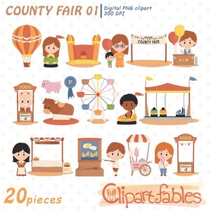 May include: A set of 20 digital clipart images featuring a county fair theme. The images include a hot air balloon, a bouncy castle, a Ferris wheel, a pig, a bull, a ticket booth, a candy floss stand, a game booth, and more. The images are in a cartoon style and are perfect for creating invitations, cards, or other crafts.