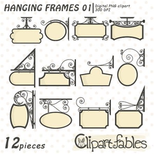 Op de afbeelding: Twaalf zwart-witte illustraties van sierlijke hangende frames met lege borden. De frames zijn versierd met krulletjes en rollen. De borden zijn rechthoekig, ovaal en rond. De tekst "Hanging Frames 01" en "Clipart Fables" is in de afbeelding opgenomen.
