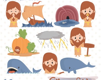JONAH and the WHALE clipart for kids, Book of Jonah, Religion clipart, Bible based story - INSTANT download, Digital png