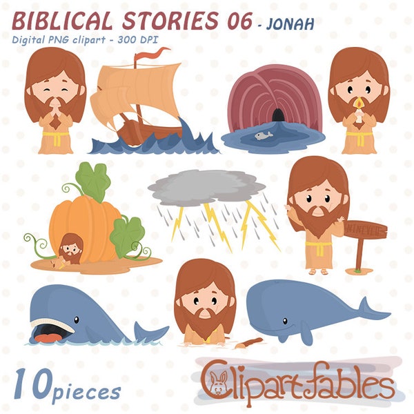 JONAH et le clipart de la baleine pour enfants, Livre de Jonas, Clipart de religion, Histoire basée sur la Bible - Téléchargement INSTANTANÉ, PNG numérique