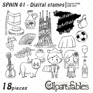 SPANJE digitale postzegels, Espanol, Toreador clipart, Spaanse gitaarstempel, reizen, Europees thema, kleuren - INSTANT download, afdrukbare