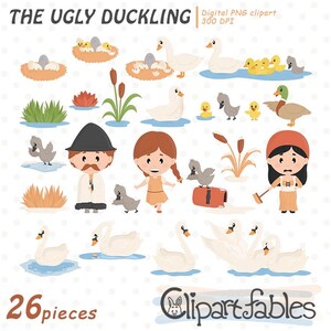 THE UGLY DUCKLING inspiriert Clipart, Schwan Illustration, Andersen Märchen, Gute-Nacht-Geschichte für Kinder - Digital Png, Sofort Download