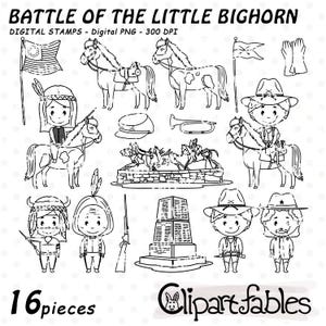Sellos digitales de la batalla de LITTLE BIGHORN, educación, arte lineal de la historia de EE. UU., contorno de Custer y Toro Sentado, 7.° regimiento de caballería - PNG digital
