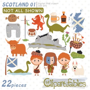 Cute SCOTLAND clipart, Europe clip art, Scottish art, UK, Haggis, Scottie, Heilan coo, Loch Ness monster, Travel, Highland Digital clipart image 1