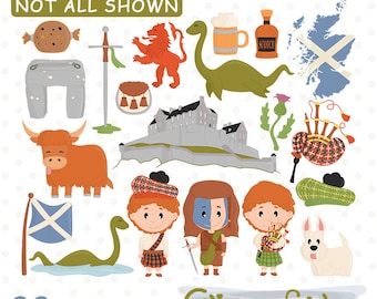 Cute SCOTLAND clipart, Europe clip art, Scottish art, UK, Haggis, Scottie, Heilan coo, Loch Ness monster, Travel, Highland - Digital clipart