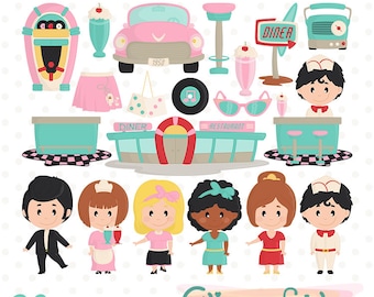Puede incluir: Un conjunto de 20 imágenes de clipart digital en un tema retro de los años 50. Las imágenes incluyen un coche rosa, una máquina de discos, un restaurante, un batido, un disco, gafas de sol, un taburete, un mostrador y personas con ropa de los años 50.