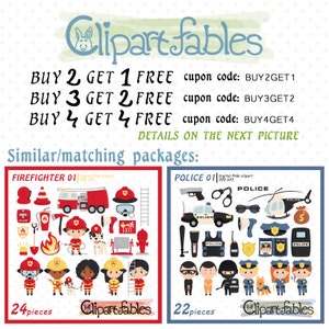 May include: Two digital clipart sets, one with a firefighter theme and one with a police theme. The firefighter set includes 24 pieces and features a red fire truck, a fire hydrant, a fireman, a dalmatian dog, and other fire-related items. The police set includes 22 pieces and features a police car, a police officer, a police dog, and other police-related items. Both sets are available for purchase with discounts for buying multiple sets.