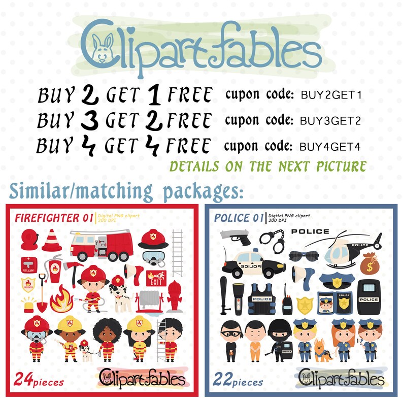 May include: Two digital clipart sets, one with a firefighter theme and one with a police theme. The firefighter set includes 24 pieces and features a red fire truck, a fire hydrant, a fireman, a dalmatian dog, and other fire-related items. The police set includes 22 pieces and features a police car, a police officer, a police dog, and other police-related items. Both sets are available for purchase with discounts for buying multiple sets.