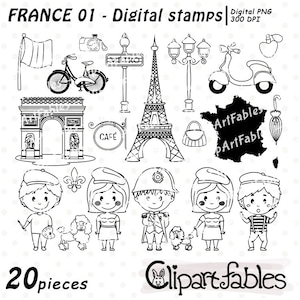 Timbres numériques PARIS, contour de la tour Eiffel, artiste de pantomime mignon, dessin au trait Napoléon, voyages, France, fête parisienne - téléchargement immédiat