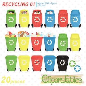 Bunte RECYCLING Cliparts für Kinder, Umweltfreundliche Clip Art, Mülleimer, Mülleimer - SOFORT Download