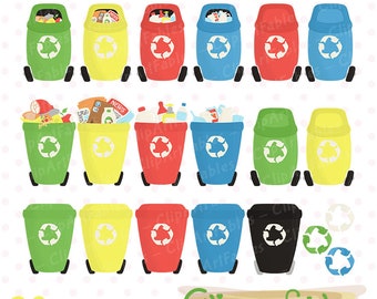 Cute colorful RECYCLING clipart for kids, Eco friendly clip art, Selective waste, Trash bin, Recycle bins - INSTANT download