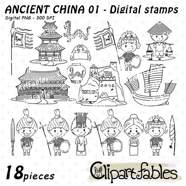 ANCIENT CHINA digital stamps, Chinese history, Terracotta army outline, Education, Traditional chinese costumes line art - INSTANT download