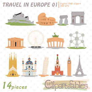 Clipart VIAGGIO in EUROPA, Edifici famosi, Big Ben, Clipart monumenti europei, Luoghi iconici - Download IMMEDIATO, Design digitale e stampabile