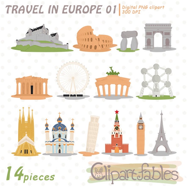 TRAVEL in EUROPE clipart, Famous buildings, Big Ben, European Landmarks Clipart, Iconic places - INSTANT Download, Digital, Printable design