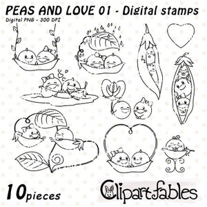 PEAS and LOVE digital stamps, Cute Valentine&#39;s Day illustration, Peas in a Pod, Hap-pea family OUTLINE, Romantic and Love - Instant download