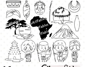 Cute AFRICA digital stamps, Zulu Tribe  line art, Travel outline, African culture, Wild Africa art, Coloring for kids - INSTANT download