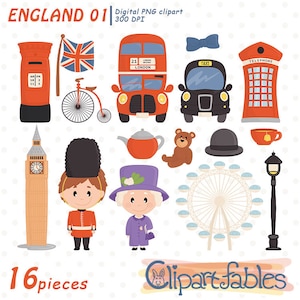 Cute ENGLAND clipart, Europe clip art, LONDON, British clipart, Double decker bus, London taxi art INSTANT download, Digital, Printable image 1