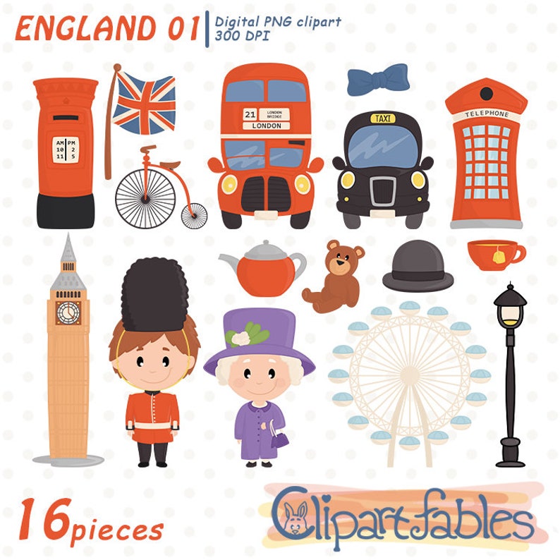 Cute ENGLAND clipart, Europe clip art, LONDON, British clipart, Double decker bus, London taxi art INSTANT download, Digital, Printable image 1
