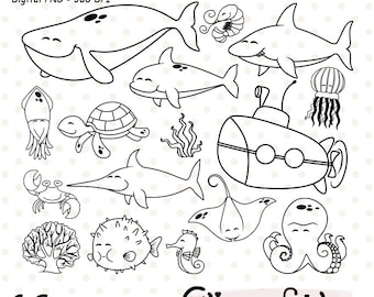 Cute SEA ANIMALS digital stamp, Under the sea stamps, Fish clipart, Sea creatures, Ocean life - INSTANT, Digital design for kids