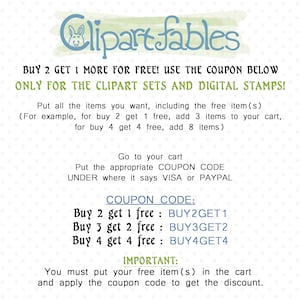 Puede incluir: Un c&oacute;digo de cup&oacute;n para conjuntos de clipart y sellos digitales. Compra 2, obt&eacute;n 1 gratis, compra 3, obt&eacute;n 2 gratis, compra 4, obt&eacute;n 4 gratis. Usa el c&oacute;digo de cup&oacute;n BUY2GET1, BUY3GET2 o BUY4GET4 al finalizar la compra.