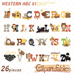 Clipart del SALVAJE OESTE, alfabeto inglés para niños, nativo americano, educativo para niños, ABC para niños - Descarga instantánea, imprimible, arte digital