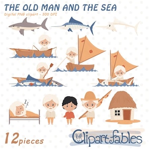 El anciano y el mar, imágenes prediseñadas de Ernest Hemingway, novela literaria, ilustraciones lindas - PNG digital, descarga instantánea