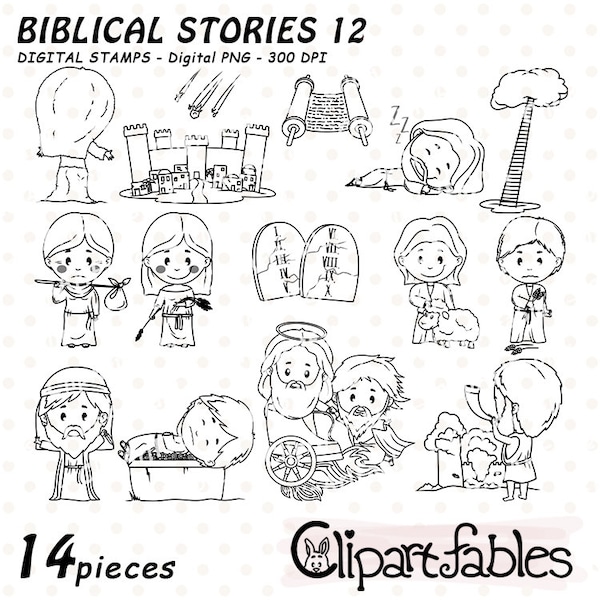 BIBLICAL STORIES digital stamps, Christian art line, Elijah, Cain and Abel, Abraham and Isaac  - Outline, Coloring, Digital design for kids