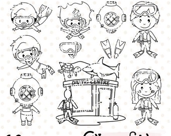 DIVING digital stamps, Cute snorkeling outline, Deep sea diver colouring, Diving centre, Under the sea, Scuba diving - INSTANT download