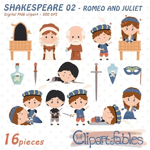 ROMEO en JULIET clipart, Shakespeare clip art set, theatervoorstelling - directe download, digitale png