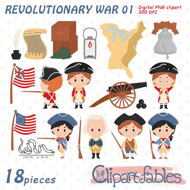 Puede incluir: Un conjunto de 18 im&aacute;genes de clipart digital que representan la Guerra de Independencia Americana. Las im&aacute;genes incluyen un ca&ntilde;&oacute;n, una campana, una linterna, un mapa de los Estados Unidos, un cofre de t&eacute;, un rollo, un tintero, una pluma, una serpiente y soldados con uniformes rojos y azules. El texto "JOIN, or DIE." est&aacute; incluido en la imagen.