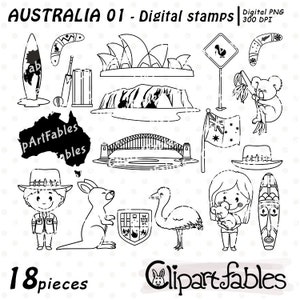 Sellos digitales de AUSTRALIA, animales australianos, Oceanía, símbolos de Australia, dibujo lineal de koala, contorno de Ayers Rock - descarga INSTANTÁNEA