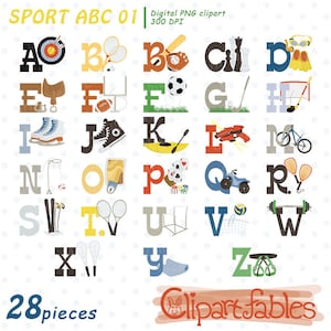 SPORT ALPHABET Clipart, Sport, Kinder Englisch Alphabet, Kinderzimmer Kunst für Kinder, ABC - Sofortiger Download, bedruckbar, Sportmaterial Alphabet
