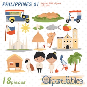 FILIPINAS clipart, Clip art de viagem, Manila, Templo das Filipinas, Jeepney, Pinoy - PNG digital, Download instantâneo