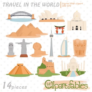 TRAVEL in the WORLD clipart, Famous buildings, Seven wonders of the world, Landmarks, - INSTANT Download, Printable, Digital Png