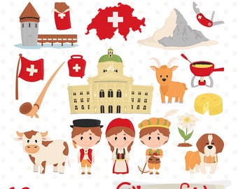 SWITZERLAND clipart, Europe clip art, Swiss kids, Matterhorn, William Tell, Bundeshaus, Swiss chocolate - INSTANT download, Travel art