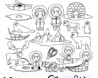 Cute ESKIMO digital stamps, Arctic animals outline, Clipart, North pole, Igloo, Husky, Colouring - INSTANT Download